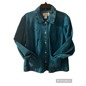 Aria Teal  Leather Jacket Womens Medium  Lined In Rhinestones
